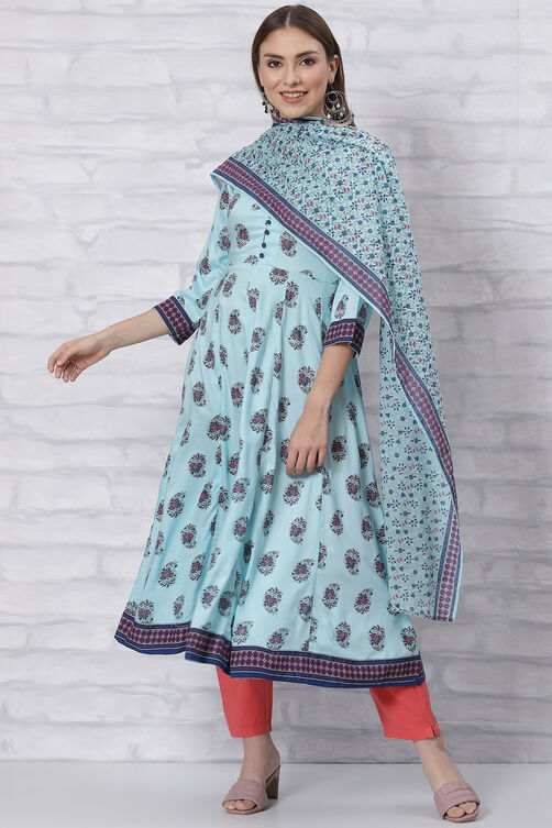 Sky Blue Kalidar Printed Suit Set image number 0